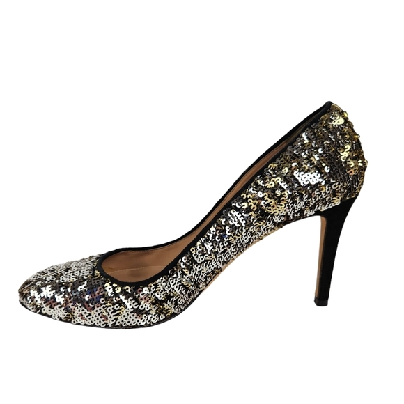 J. Crew Sloane Sequin Silver Gold Pumps Heels Suede Leather Prom Women's Size 9 - Picture 4 of 12